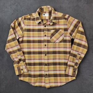 Tellason Flannel Shirt Mens Small Yellow Brown Plaid Long Sleeve USA Made Casual